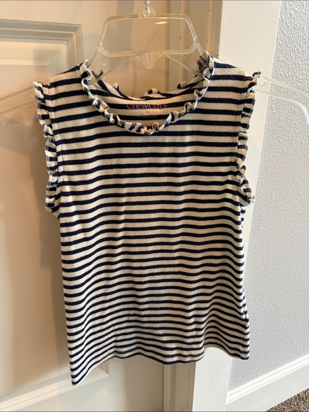Crewcuts Girls Sleeveless Ruffle Neck Stripe Top - Navy & White